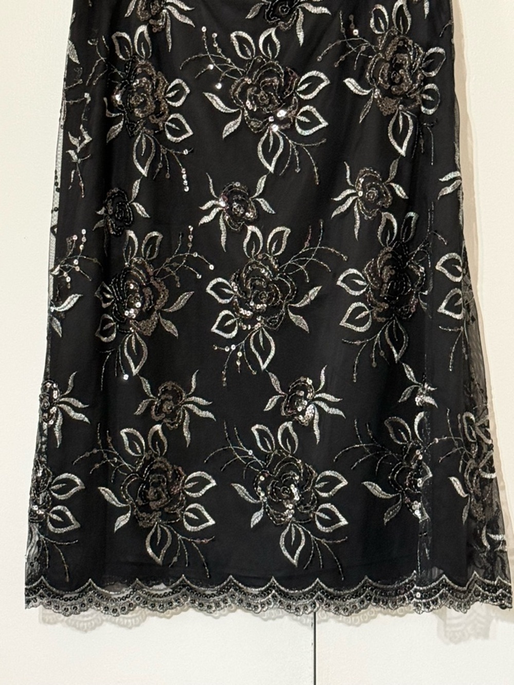 Grace Black Embroidered Floral Midi Skirt with Silver Accents